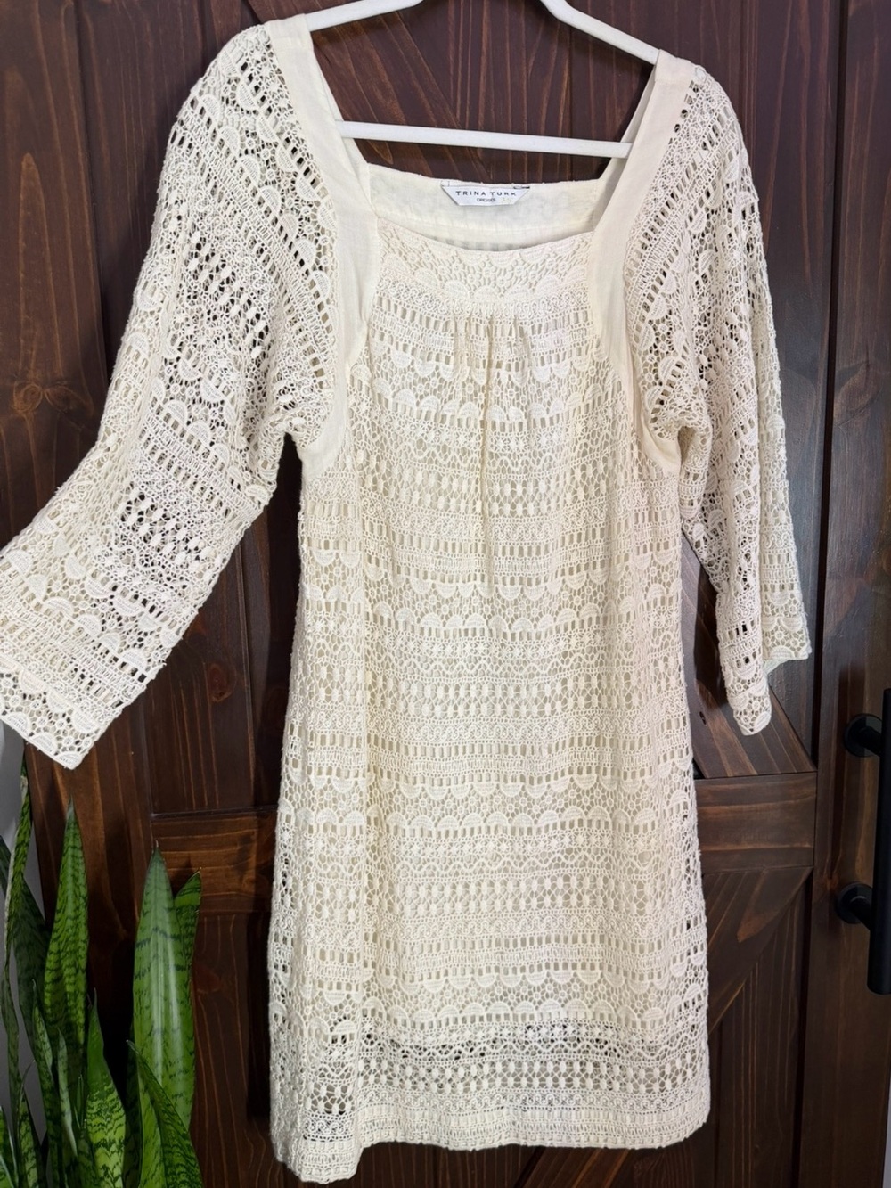 Trina Turk Cream Crochet Square-Neck Midi Dress